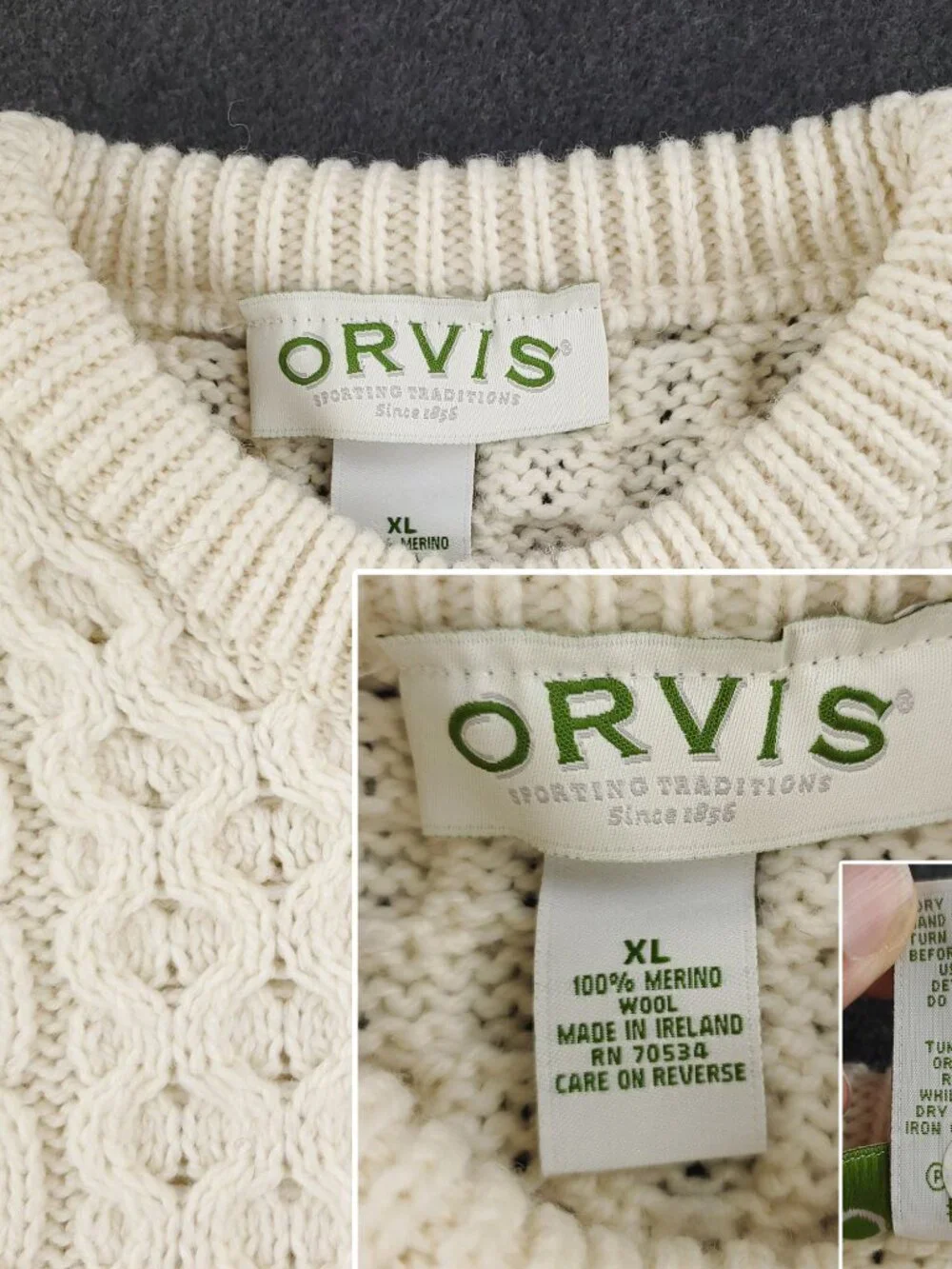 Orvis Vintage Cable Knit Ireland Sweater Merino Wool Fisherman Chunky Men's XL